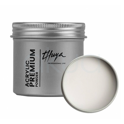 Acrylic Premium Powder Pink Thuya. Tarro de polvo acrílico Premium, en envase metálico plateado. A la izquierda, el tarro cerrado con etiquetas verticales "Thuya" en negro elegante y "Acrylic Premium Powder" en inglés/español; tapa abierta a la derecha revela polvo blanco translúcido (clear/cover powder para uñas acrílicas). H2o Akua