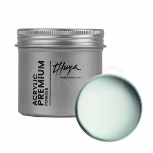 Acrylic Premium Powder Blanco Thuya. Tarro de polvo acrílico Premium, en envase metálico plateado. A la izquierda, el tarro cerrado con etiquetas verticales "Thuya" en negro elegante y "Acrylic Premium Powder" en inglés/español; tapa abierta a la derecha revela polvo blanco translúcido (clear/cover powder para uñas acrílicas). H2o Akua
