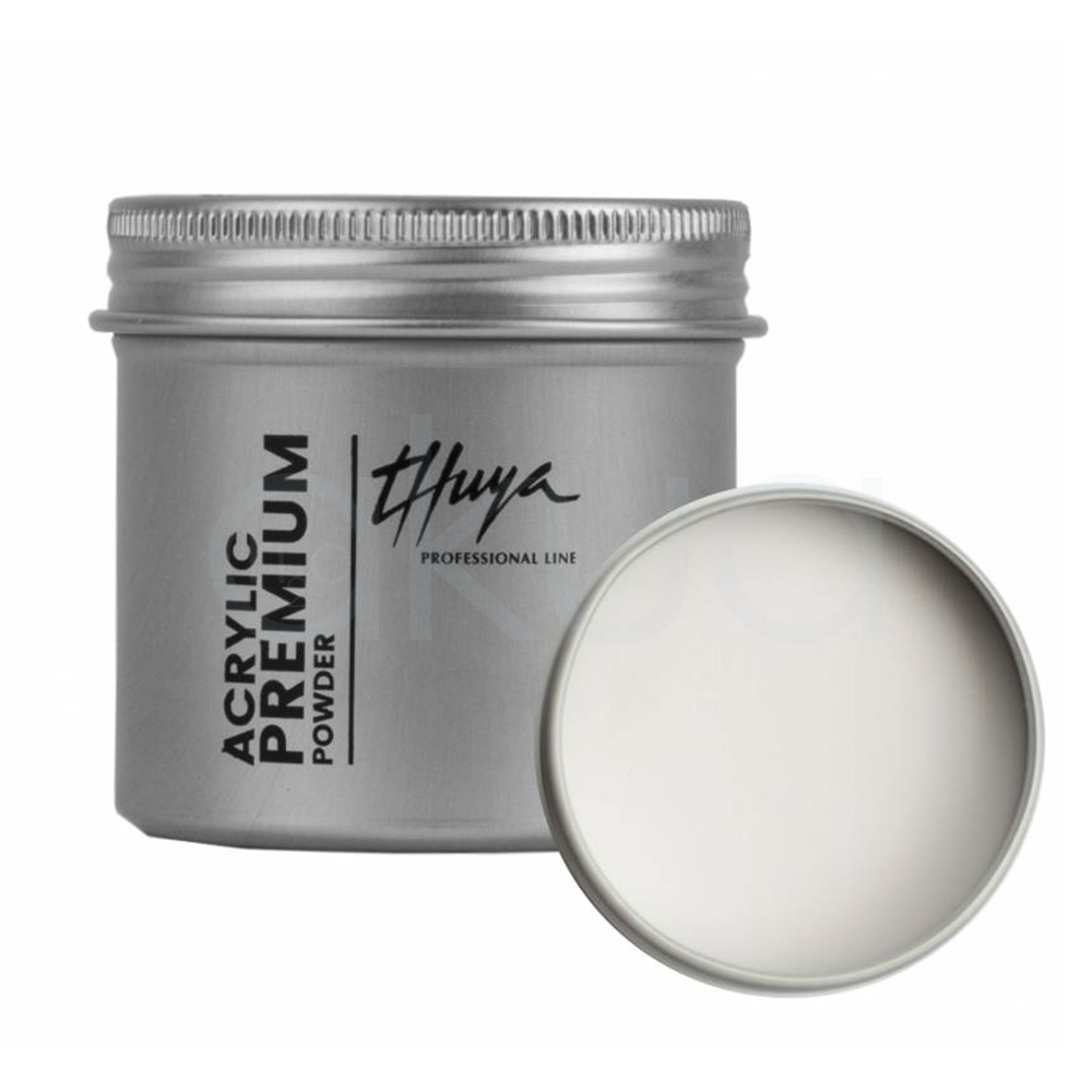 Acrylic Premium Powder Pink Thuya. Tarro de polvo acrílico Premium, en envase metálico plateado. A la izquierda, el tarro cerrado con etiquetas verticales "Thuya" en negro elegante y "Acrylic Premium Powder" en inglés/español; tapa abierta a la derecha revela polvo blanco translúcido (clear/cover powder para uñas acrílicas). H2o Akua