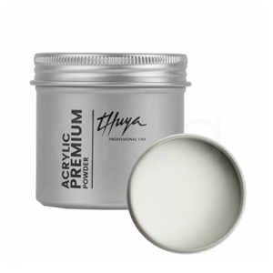 Acrylic Premium Powder Cristal Thuya. Tarro de polvo acrílico Premium, en envase metálico plateado. A la izquierda, el tarro cerrado con etiquetas verticales "Thuya" en negro elegante y "Acrylic Premium Powder" en inglés/español; tapa abierta a la derecha revela polvo blanco translúcido (clear/cover powder para uñas acrílicas). H2o Akua