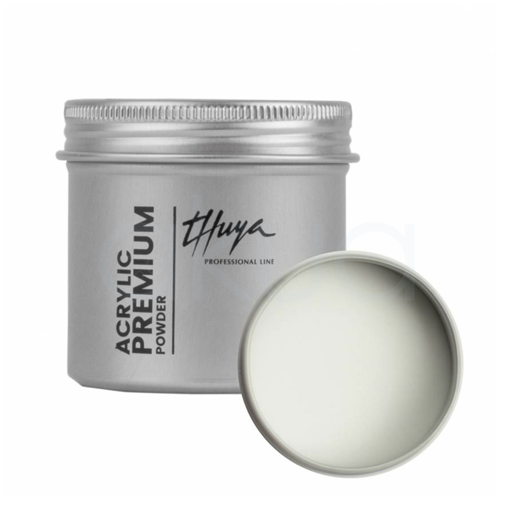Acrylic Premium Powder Cristal Thuya. Tarro de polvo acrílico Premium, en envase metálico plateado. A la izquierda, el tarro cerrado con etiquetas verticales "Thuya" en negro elegante y "Acrylic Premium Powder" en inglés/español; tapa abierta a la derecha revela polvo blanco translúcido (clear/cover powder para uñas acrílicas). H2o Akua