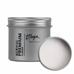 Acrylic premium Powder Rosa Cristal Thuya. Tarro de polvo acrílico Premium, en envase metálico plateado. A la izquierda, el tarro cerrado con etiquetas verticales "Thuya" en negro elegante y "Acrylic Premium Powder" en inglés/español; tapa abierta a la derecha revela polvo blanco translúcido (clear/cover powder para uñas acrílicas). H2o Akua