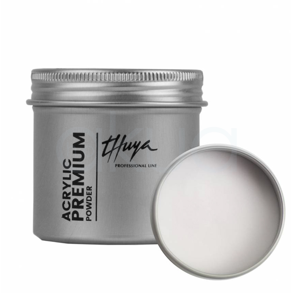 Acrylic premium Powder Rosa Cristal Thuya. Tarro de polvo acrílico Premium, en envase metálico plateado. A la izquierda, el tarro cerrado con etiquetas verticales "Thuya" en negro elegante y "Acrylic Premium Powder" en inglés/español; tapa abierta a la derecha revela polvo blanco translúcido (clear/cover powder para uñas acrílicas). H2o Akua