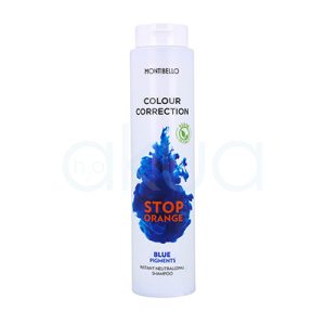 Champu neutralizante Stop Orange Montibello 300ml. Envase cilíndrico blanco. En la parte frontal aparece una mancha de pigmento azul con el texto “STOP ORANGE” en naranja y, debajo, “BLUE PIGMENTS – Instant Neutralizing Shampoo”, indicando que es un champú con pigmentos azules para corregir reflejos anaranjados del cabello. H2o Akua ​