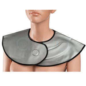 Cubre cuello plateado 02519/54. De forma circular, tipo capa corta, que rodea el cuello y descansa sobre hombros y parte alta del pecho. La pieza tiene un cierre frontal solapado con un círculo marcado en el centro y está rematada con un ribete negro en todo el contorno. H2o Akua