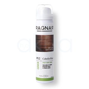 Cubre raices Castaño Claro Ragnar 75ml 07475/65. Envase Spray cubrecanas Ragnarf Cover Spray para cabello y barba en color de fondo blanco y tonos verdes y marrones. H2o Akua