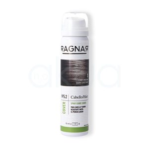 Cubre raices Castaño Oscuro Ragnar 75ml 07475/67. Envase Spray cubrecanas Ragnarf Cover Spray para cabello y barba en color de fondo blanco y tonos verdes y marrones. H2o Akua