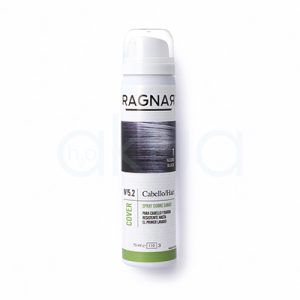 Cubre raices Negro Ragnar 75ml 07475/50. Envase Spray cubrecanas Ragnarf Cover Spray para cabello y barba en color de fondo blanco y tonos verdes y marrones. H2o Akua