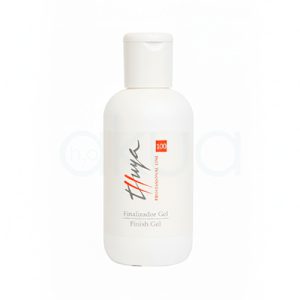 Finalizador gel Thuya 100ml. Bote cilíndrico pequeño de Finalizador en color blanco liso mate, con tapón abatible también blanco. En el frontal aparece el logo “Thuya” en letras grises con trazo diagonal rojo, un recuadro rojo con “100” en blanco y textos grises “Finalizador Gel / Finish Gel”; todo sobre fondo blanco puro. H2o Akua