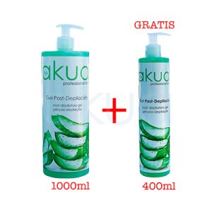 Gel aloe vera promo 1000ml + 400ml H2oAkua. El gel post-depilatorio aloe vera viene en promocion en envases cilíndricos, dispensador bomba plateado en tapa superior. Color predominante verde menta translúcido en botella opaca inferior, con 4 hojas aloe vera ilustradas escalonadas en blanco/verde; etiquetas blancas con texto negro/verde "Gel Post-Depilatorio post-depilatorio gel" y logos "AKUA profesional".