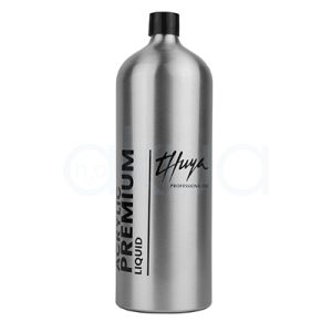 Liquido de esculpir Acrylic Premium Thuya 1000ml. Forma de Botella redonda de tapa negra roscada. Metal plateado/aluminio mate, efecto premium. H2o Akua