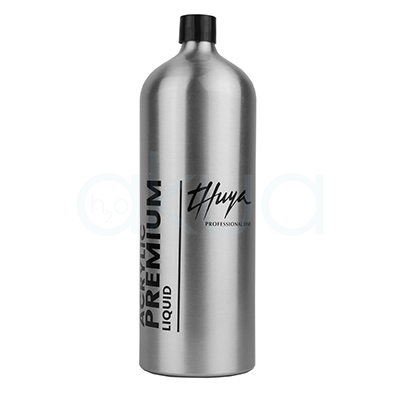 Liquido de esculpir Acrylic Premium Thuya 1000ml. Forma de Botella redonda de tapa negra roscada. Metal plateado/aluminio mate, efecto premium. H2o Akua
