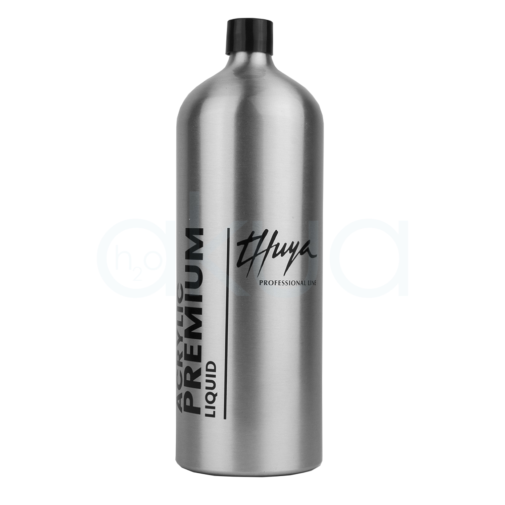 Liquido de esculpir Acrylic Premium Thuya 1000ml. Forma de Botella redonda de tapa negra roscada. Metal plateado/aluminio mate, efecto premium. H2o Akua