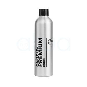 Liquido de esculpir Acrylic Premium Thuya 250ml. Forma de Botella redonda de tapa negra roscada. Metal plateado/aluminio mate, efecto premium. H2o Akua