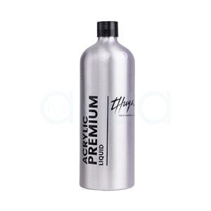 Liquido de esculpir Acrylic Premium Thuya 500ml. Forma de Botella redonda de tapa negra roscada. Metal plateado/aluminio mate, efecto premium. H2o Akua