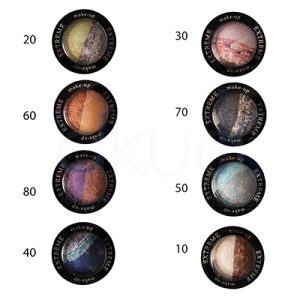 Sombra de ojos duo Extreme Outlet. La imagen muestra una gama de sombras de ojos horneadas “Extreme make‑up” en formato redondo, colocadas en dos columnas. A la izquierda aparecen los tonos numerados 20, 60, 80 y 40, y a la derecha los tonos 30, 70, 50 y 10, cada uno con mezclas bicolores o marmoladas de diferentes colores metálicos/irisados. H2o Akua
