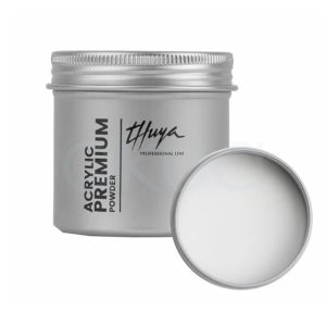 Acrylic Premium Powder Milky Thuya. Tarro de polvo acrílico Premium, en envase metálico plateado. A la izquierda, el tarro cerrado con etiquetas verticales "Thuya" en negro elegante y "Acrylic Premium Powder" en inglés/español; tapa abierta a la derecha revela polvo translúcido. H2o Akua