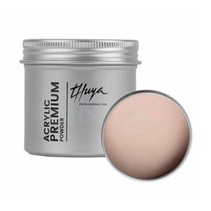 Acrylic Premium Powder Peach Cover Thuya. Tarro de polvo acrílico Premium, en envase metálico plateado. A la izquierda, el tarro cerrado con etiquetas verticales "Thuya" en negro elegante y "Acrylic Premium Powder" en inglés/español; tapa abierta a la derecha revela polvo translúcido. H2o Akua
