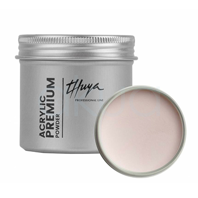 Acrylic Premium Powder Peach Thuya. Tarro de polvo acrílico Premium, en envase metálico plateado. A la izquierda, el tarro cerrado con etiquetas verticales "Thuya" en negro elegante y "Acrylic Premium Powder" en inglés/español; tapa abierta a la derecha revela polvo blanco translúcido (clear/cover powder para uñas acrílicas). H2o Akua