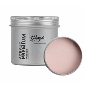 Acrylic Premium Powder Pink Cover Plus. Tarro de polvo acrílico Premium, en envase metálico plateado. A la izquierda, el tarro cerrado con etiquetas verticales "Thuya" en negro elegante y "Acrylic Premium Powder" en inglés/español; tapa abierta a la derecha revela polvo translúcido. H2o Akua
