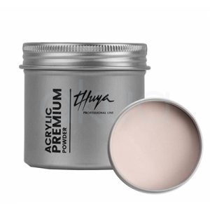 Acrylic Premium Powder Rosa cubriente Thuya. Tarro de polvo acrílico Premium, en envase metálico plateado. A la izquierda, el tarro cerrado con etiquetas verticales "Thuya" en negro elegante y "Acrylic Premium Powder" en inglés/español; tapa abierta a la derecha revela polvo translúcido. H2o Akua