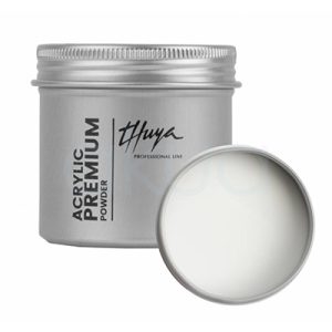 Acrylic Premium Powder Natural Thuya. Tarro de polvo acrílico Premium, en envase metálico plateado. A la izquierda, el tarro cerrado con etiquetas verticales "Thuya" en negro elegante y "Acrylic Premium Powder" en inglés/español; tapa abierta a la derecha revela polvo blanco translúcido (clear/cover powder para uñas acrílicas). H2o Akua