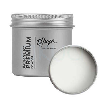 Acrylic Premium Powder Natural Thuya. Tarro de polvo acrílico Premium, en envase metálico plateado. A la izquierda, el tarro cerrado con etiquetas verticales "Thuya" en negro elegante y "Acrylic Premium Powder" en inglés/español; tapa abierta a la derecha revela polvo blanco translúcido (clear/cover powder para uñas acrílicas). H2o Akua