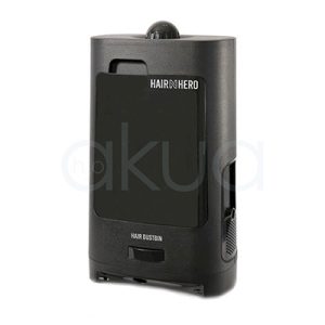 Aspirador cabello automatico Eurostil. Aspirador automático portátil de cabello para peluquerías, con diseño cilíndrico negro mate y pantalla táctil frontal. En la parte superior tiene un sensor infrarrojo esférico negro (para detectar pelo automáticamente), depósito transparente "Hair Dustbin" extraíble en la base (capacidad ~1-2L), y rejilla de ventilación lateral. H2o Akua