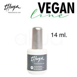 Cola duo pestañas vegan Thuya 14ml. Pegamento polivalente para lifting/permanente de pestañas, con envase blanco, franja gris y tapa plateada. Etiqueta: "Cola Duo Pestañas / Glue Duo Eyelashes". Cepillo aplicador integrado. H2o Akua