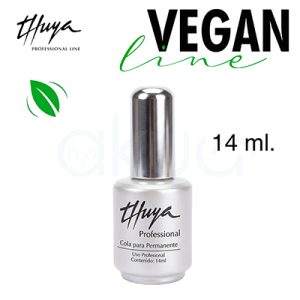 Cola para permanente Thuya 14ml. Adhesivo específico para permanente tradicional de pestañas, con frasco blanco perlado, tapa plateada y cepillo aplicador. Etiqueta: "Cola para Permanente Uso Profesional Contenido 14 ml". H2o Akua ​