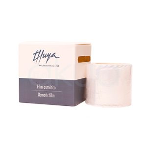 Film osmotico especial ojos Thuya. La imagen muestra la caja y rollo de "Film Osmótico Thuya Professional Line" (Osmotic Film), cinta plástica para sellar tratamientos faciales/pestañas.,Caja: Blanca/gris, logo "Thuya" curvado, "Film Osmótico / Osmotic Film" bilingüe. Producto: Rollo cinta transparente autoadhesiva blanca (~5 cm ancho), extraída parcialmente. H2o Akua
