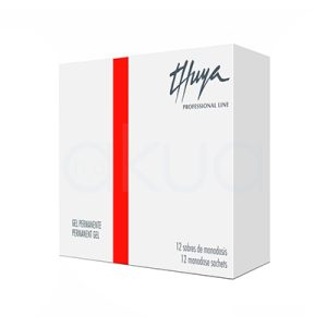 Gel permanente pestañas monodosis Thuya. La imagen muestra una caja blanca rectangular de Thuya Professional Line con una franja roja vertical a la izquierda. El producto principal es "Gel Permanente" para tratamientos de cejas/pestañas, con 12 sobres monodosis (sobre individual transparente visible en primer plano). Logo Thuya en negro elegante arriba derecha. H2o Akua