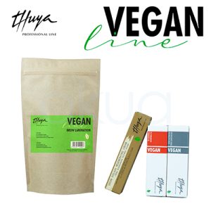 Kit Line Brow lamination Vegan Thuya. Pack ecológico para laminado vegano de cejas. Incluye una bolsa kraft grande con etiqueta verde "Thuya Vegan Brow Lamination", una caja dorada alargada (crema regeneradora), y dos cajas blancas con franjas rojo/gris (gel permanente y neutralizante vegano. H2o Akua