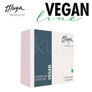 Neutralizante crema 12 monodosis vegan Thuya. Con diseño en tonos rosa pálido, gris y blanco. El frontal destaca "Neutralizante Crema / Neutralizer Cream" y "12 sobres monodosis" junto al logo "Thuya Professional Line" y sello "VEGAN" con hoja verde. H2o Akua
