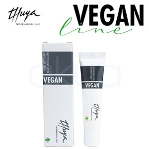 Neutralizante crema vegan 15ml Thuya. Compuesto por un tubo blanco y su caja correspondiente, ambos con una franja gris oscura donde destaca la palabra "VEGAN". ​En la parte superior de la caja se lee “Neutralizante Cream / Neutralizer Cream”, indicando que es un producto neutralizante para tratamientos de permanente o lifting, y en la zona inferior aparece el logotipo manuscrito de Thuya junto a un pequeño icono de hoja verde que resalta su fórmula vegana. H2o Akua