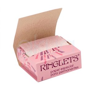 Papel permanente Ringlest H2oAkua. Se trata de una caja pequeña de cartón en tonos rosados con diseños gráficos en morado y blanco, que contiene hojas de papel delgado y translúcido. La caja está abierta, revelando el rollo o pila de papeles en su interior, con el texto "RINGLETS® papel especial para permanentes" destacado en la parte frontal.