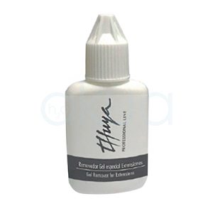 Gel removedor especial extensiones Thuya 15ml. La imagen muestra un frasco pequeño de removedor profesional de extensiones de pestañas de la marca Thuya, específicamente el "Removedor Gel Espec. Extensiones" (Gel Remover for Extensions). Es un envase blanco con gotero de 5 ml, con etiquetas en español e inglés que indican su uso profesional para retirar extensiones de pestañas de forma segura. H2o Akua