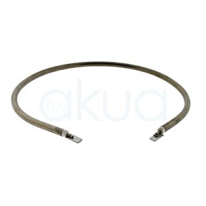 Resistencia fusor de cera repuesto H2oAkua. Es una resistencia metálica de forma circular, diseñada para generar calor dentro del fusor. Tiene dos terminales en los extremos para conectarse al sistema eléctrico del equipo. Su función es calentar y derretir la cera utilizada en tratamientos de depilación o estética.