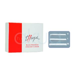 Rulo permanente pestañas 30 unid Thuya. Caja rectangular roja/blanca, logo "Thuya" curvado, texto "RULO PESTAÑAS / EYELASH CURLER" bilingüe. Contenido: 4 rulos silicona gris en tallas S, M, L, XL (cilindros finos para enrollar pestañas). H2o Akua