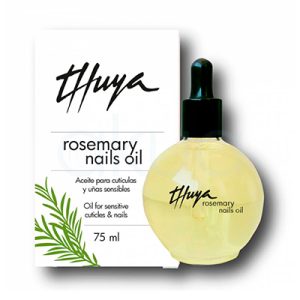 Aceite para uñas y cutículas Rosemari nails oil Thuya 75ml. Presentado en un envase redondo con gotero y una caja blanca con diseño limpio y profesional. H2o Akua