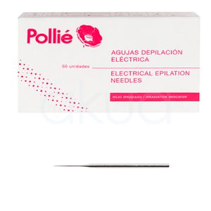 Caja 50 agujas depilacion conicas 0.5 recta inox 02965. Se trata de una caja blanca con acentos rosados, que contiene 50 unidades de agujas desechables para depiladora eléctrica con punta en oro. Incluye una aguja individual negra de punta fina mostrada al lado, y texto en español como "AGUJAS DEPILACION ELÉCTRICA" y "ELECTRICAL EPILATION NEEDLES. H2o Akua