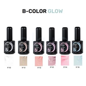 La imagen muestra una colección de esmaltes Thuya B-Color Glow en formato gel on-off, presentada como una gama de colores suaves y luminoso. H2o Akua
