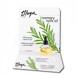 Expositor Aceite para uñas y cutículas Rosemari nails oil Thuya. Se presenta en una capa expositora de carton con un tester en un envase redondo con gotero. H2o Akua