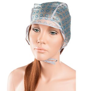 Gorro mechas 5unid desechable H2oAkua 01290. El gorro de la imagen es un gorro desechable de uso higiénico, de color blanco con estampado azul circular y ajuste elástico alrededor de la cabeza. Tiene un aspecto ligero, plegado y de un solo uso, pensado para cubrir completamente el cabello y evitar que se desprendan pelos durante trabajos de estética o higiene.