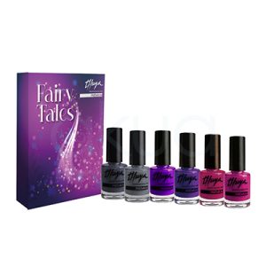 Kit esmalte Premium Fairy Tales Thuya.. Se presenta en una caja morada con estética “fantasía” y seis botes de esmalte de colores intensos delante. La caja principal es alta y rectangular, en tonos violeta con destellos y el nombre “Fairy Tales” en grande. A la derecha aparecen varios esmaltes en frascos pequeños con tapón negro, colocados en línea para mostrar la gama de colores. H2o Akua