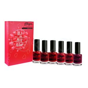 Kit esmaltes premium All you need is love Thuya. Se presenta en una caja roja con corazones y una estética romántica, junto a seis esmaltes en frascos pequeños con tapón negro alineados delante. La caja es rectangular y llamativa, en tonos rosa-rojo, con el texto “All you need is love” en el centro. Los seis esmaltes visibles muestran distintos tonos de rojo, burdeos y fucsia, lo que sugiere una gama pensada para manicuras intensas y elegantes. H2o Akua