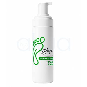 Locion hidratante Tired Leed Foot Care Thuya .Botella blanca con dispensador tipo espuma de la línea Thuya Professional Line Foot Care. El envase tiene un diseño minimalista con una huella verde grande y texto en negro y verde que indica “Tired Legs”. Producto orientado al cuidado y alivio de piernas cansadas y pesadas.H2o Akua