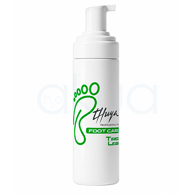 Locion hidratante Tired Leed Foot Care Thuya .Botella blanca con dispensador tipo espuma de la línea Thuya Professional Line Foot Care. El envase tiene un diseño minimalista con una huella verde grande y texto en negro y verde que indica “Tired Legs”. Producto orientado al cuidado y alivio de piernas cansadas y pesadas.H2o Akua