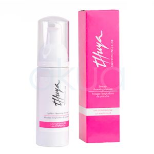 Mousse limpiadora de pestañas 50ml Thuya. Envase cilíndrico blanco con dispensador tipo espuma (pump). Lleva una tapa transparente. En la etiqueta se ve el nombre de la marca (Thuya Professional Line) y el texto “Eyelash cleansing mousse” (mousse limpiadora de pestañas). H2o Akua