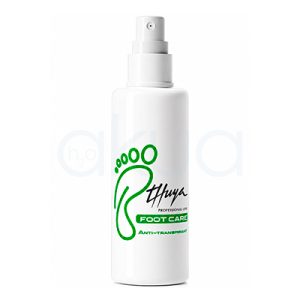 Spray anti traspirant Foot Care Thuya.Botella blanca con pulverizador de la línea Thuya Professional Line Foot Care. El envase tiene un diseño limpio y profesional con una gran huella verde y texto en negro y verde que indica “Anti-Transpirant”. Producto destinado a ayudar a controlar la transpiración y mantener los pies frescos y secos. H2o Akua